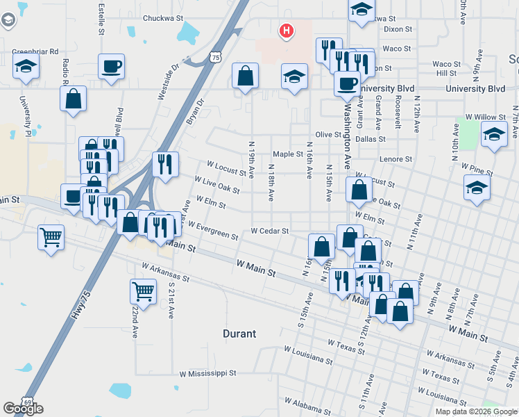 map of restaurants, bars, coffee shops, grocery stores, and more near 512 North 19th Avenue in Durant