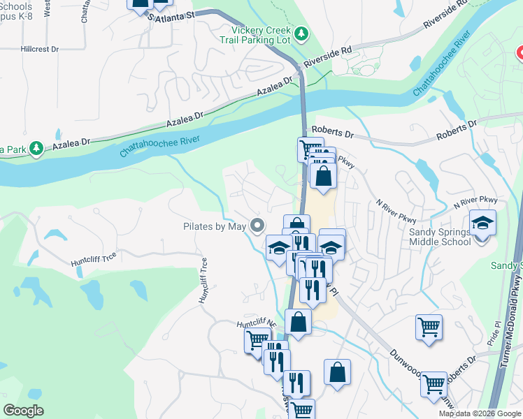 map of restaurants, bars, coffee shops, grocery stores, and more near 1207 Huntcliff Village Court in Sandy Springs