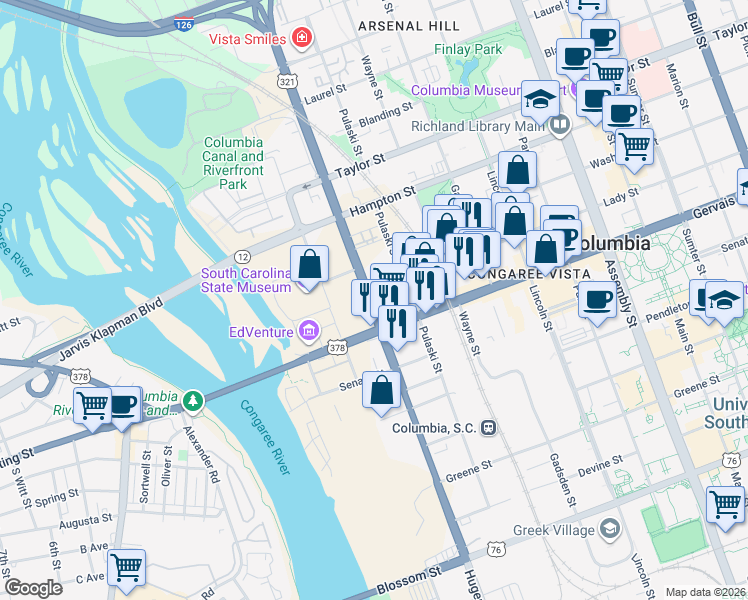 map of restaurants, bars, coffee shops, grocery stores, and more near 522 Lady Street in Columbia