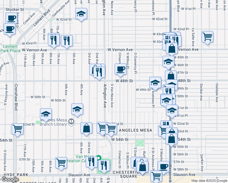 map of restaurants, bars, coffee shops, grocery stores, and more near 4904 South Van Ness Avenue in Los Angeles