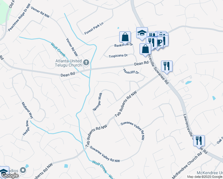map of restaurants, bars, coffee shops, grocery stores, and more near 2055 Springer Walk in Lawrenceville
