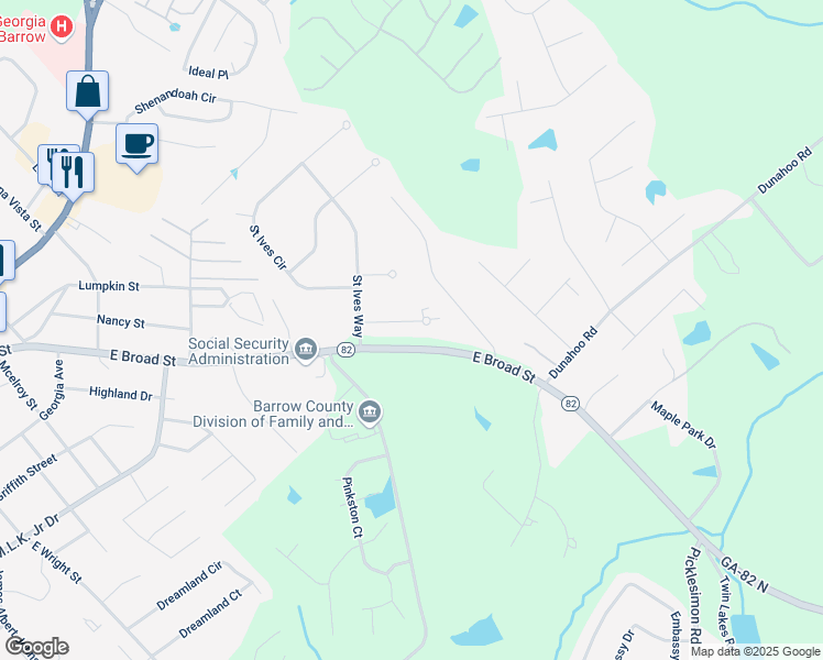 map of restaurants, bars, coffee shops, grocery stores, and more near 21 Saint Ives Court in Winder