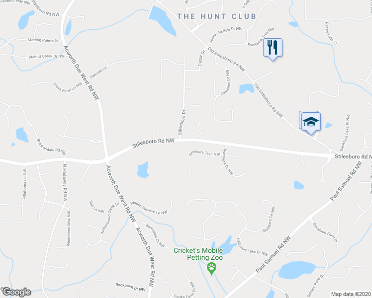 map of restaurants, bars, coffee shops, grocery stores, and more near 1801 Nemours Court in Kennesaw