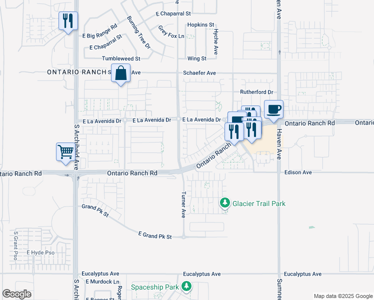 map of restaurants, bars, coffee shops, grocery stores, and more near 4125 Cloverdale Way in Ontario