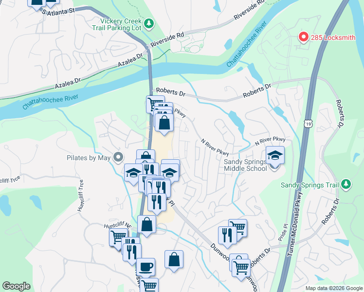 map of restaurants, bars, coffee shops, grocery stores, and more near 320 Winding River Drive in Atlanta