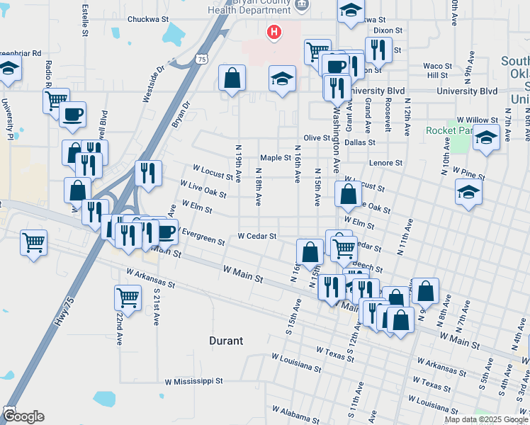 map of restaurants, bars, coffee shops, grocery stores, and more near 502 North 18th Avenue in Durant