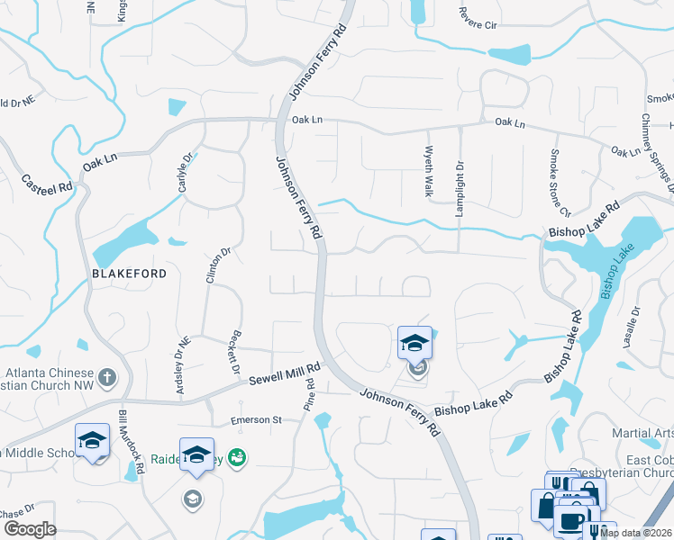 map of restaurants, bars, coffee shops, grocery stores, and more near 1996 Johnson Ferry Road in Marietta