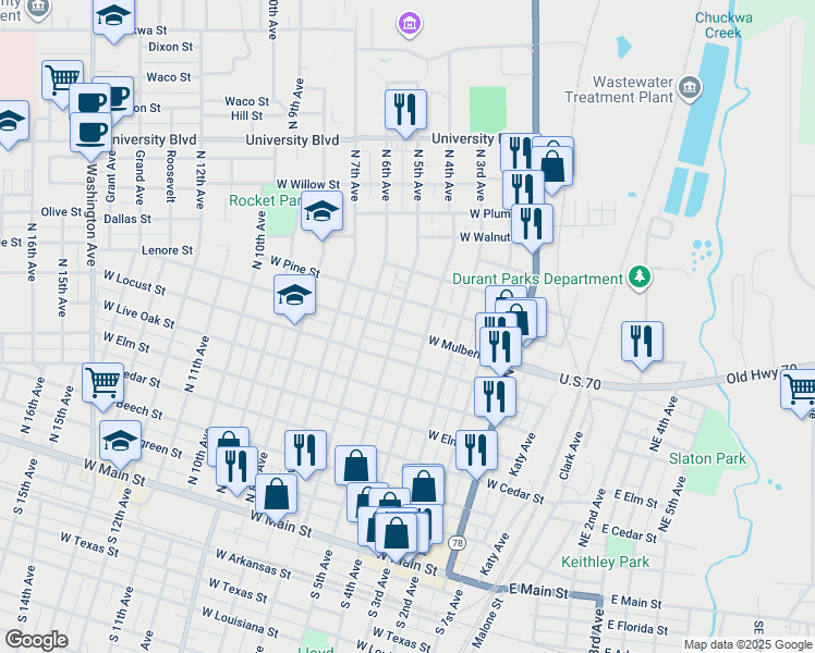 map of restaurants, bars, coffee shops, grocery stores, and more near 416 West Mulberry Street in Durant