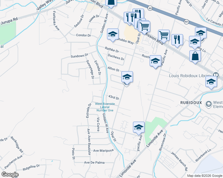 map of restaurants, bars, coffee shops, grocery stores, and more near 6378 Leyburn Place in Riverside
