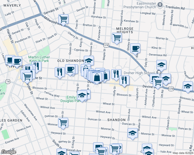 map of restaurants, bars, coffee shops, grocery stores, and more near 103G Maple Street in Columbia