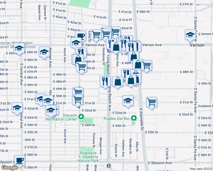 map of restaurants, bars, coffee shops, grocery stores, and more near 4861 Long Beach Avenue in Los Angeles