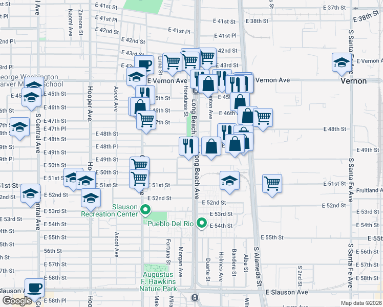 map of restaurants, bars, coffee shops, grocery stores, and more near 4867 Long Beach Avenue in Los Angeles