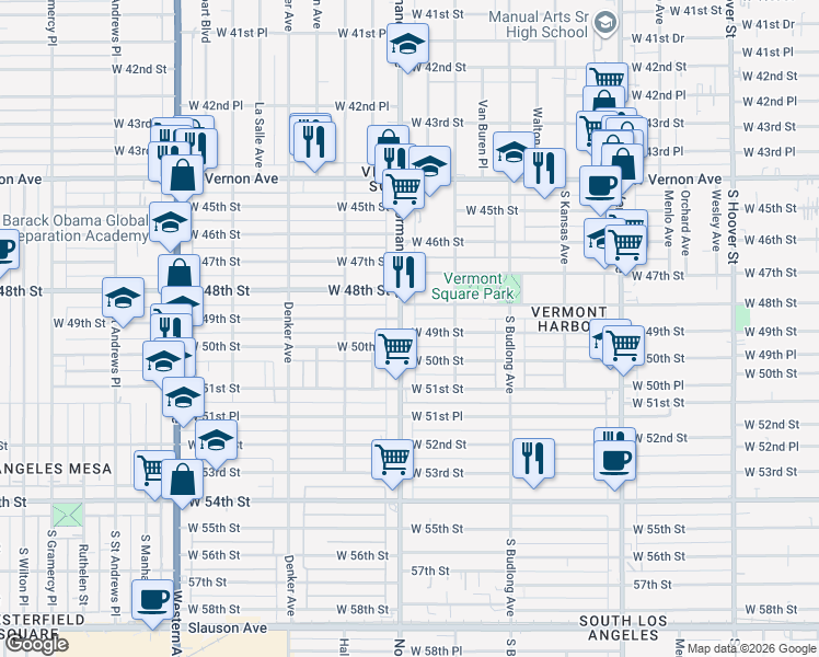 map of restaurants, bars, coffee shops, grocery stores, and more near 1353 West 49th Street in Los Angeles