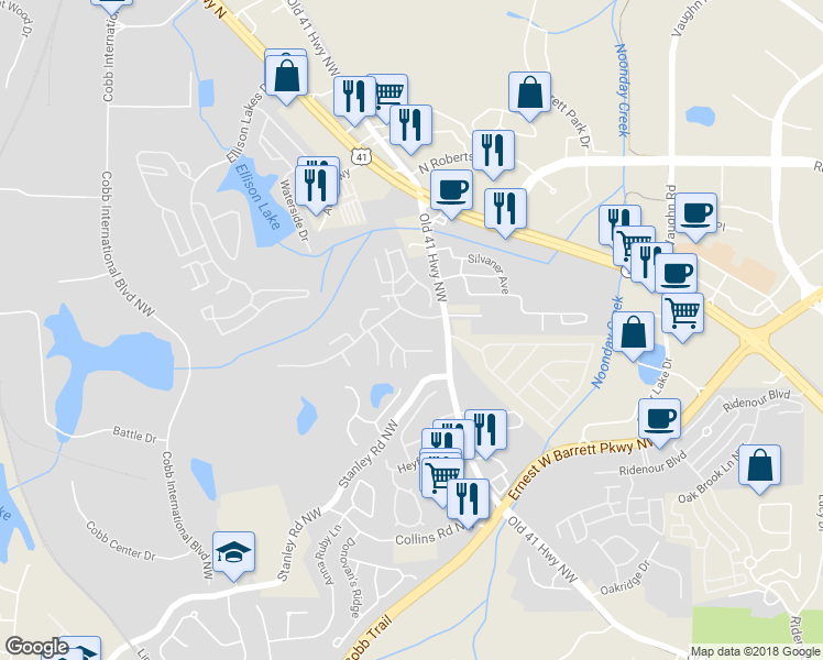 map of restaurants, bars, coffee shops, grocery stores, and more near 1149 Trees of Kennesaw Parkway Northwest in Kennesaw