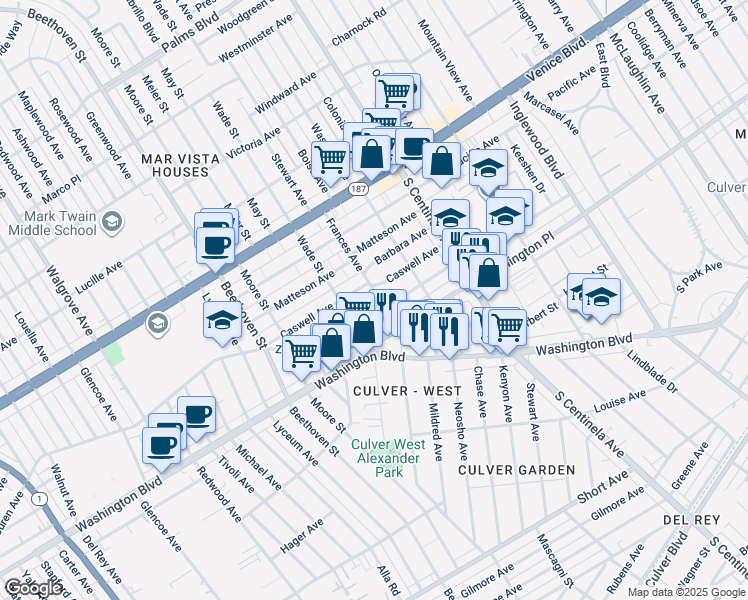 map of restaurants, bars, coffee shops, grocery stores, and more near 3953 Frances Avenue in Los Angeles