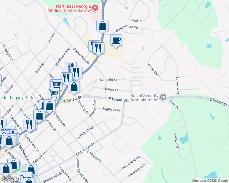 map of restaurants, bars, coffee shops, grocery stores, and more near 299 Nancy Street in Winder