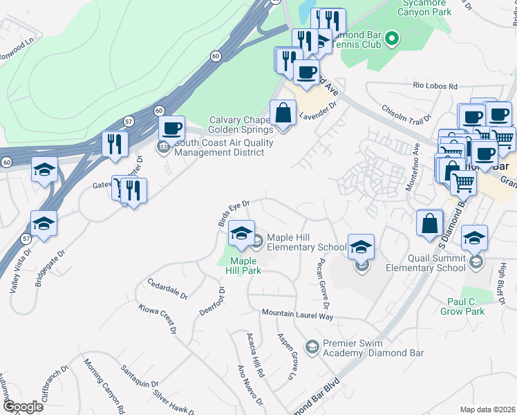map of restaurants, bars, coffee shops, grocery stores, and more near 1309 Deeplawn Drive in Diamond Bar