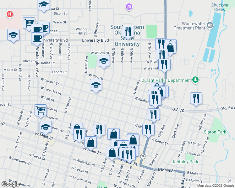 map of restaurants, bars, coffee shops, grocery stores, and more near 724 North 6th Avenue in Durant