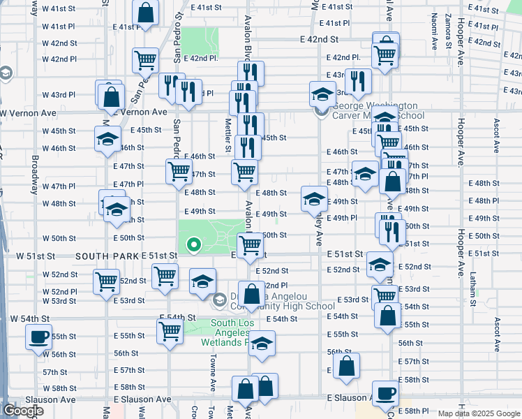 map of restaurants, bars, coffee shops, grocery stores, and more near 627 East 49th Street in Los Angeles