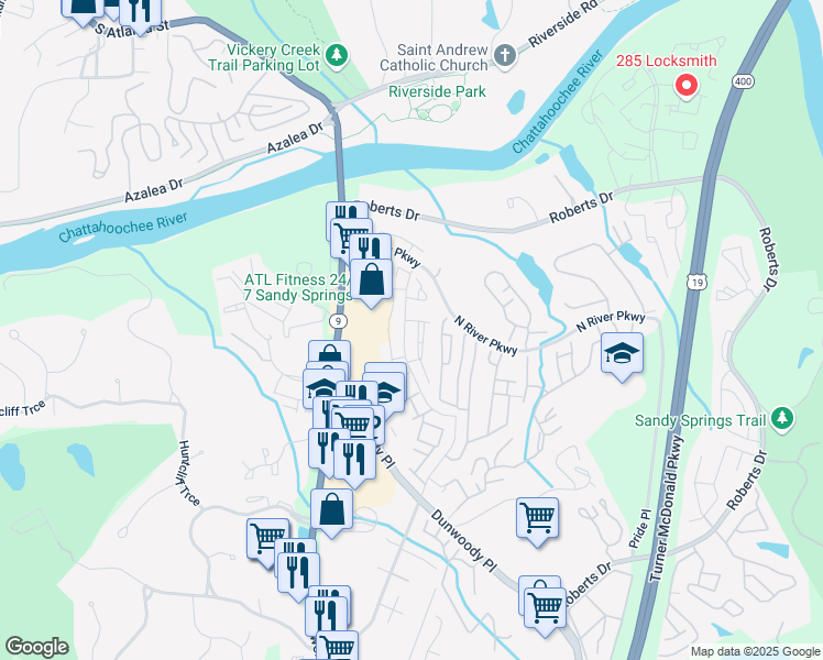 map of restaurants, bars, coffee shops, grocery stores, and more near 320 Winding River Drive in Atlanta