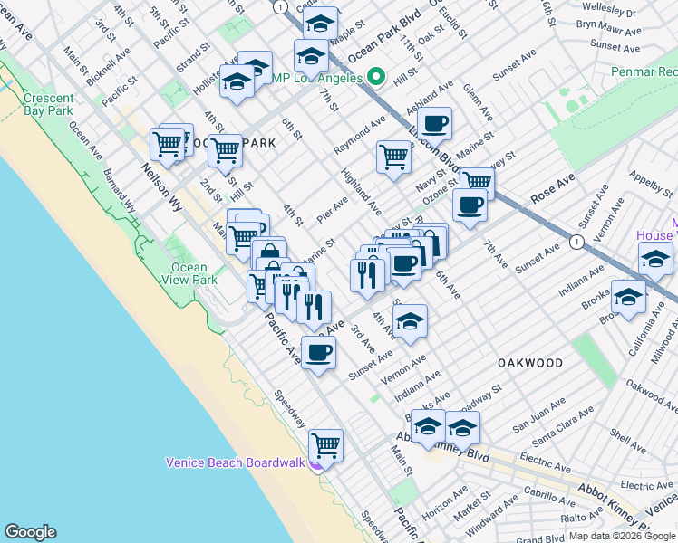 map of restaurants, bars, coffee shops, grocery stores, and more near 209 4th Avenue in Los Angeles