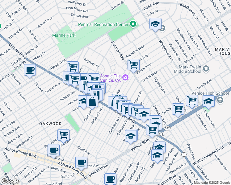 map of restaurants, bars, coffee shops, grocery stores, and more near 1055 Palms Boulevard in Los Angeles