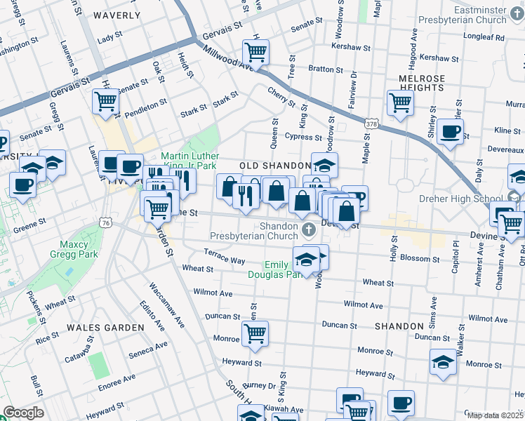 map of restaurants, bars, coffee shops, grocery stores, and more near 2441 Devine Street in Columbia