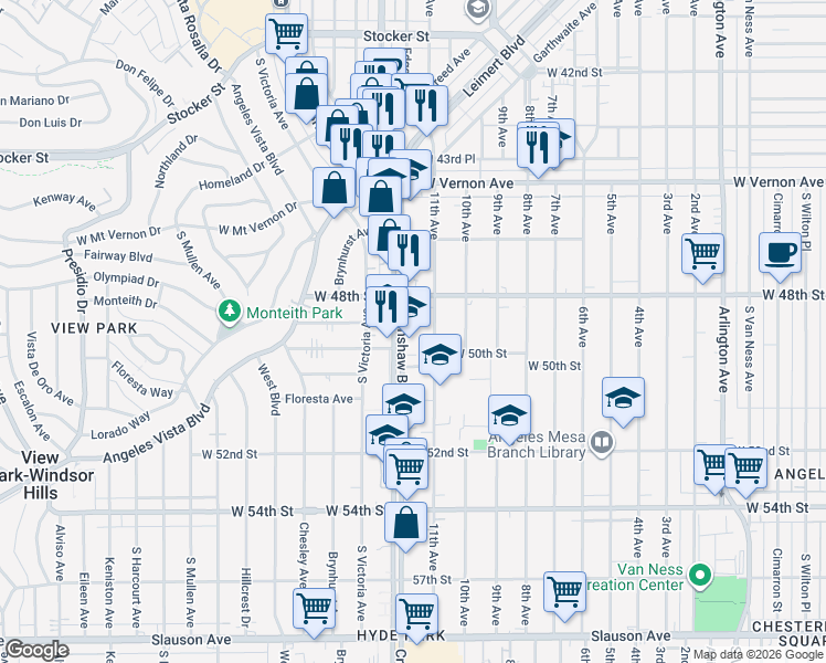 map of restaurants, bars, coffee shops, grocery stores, and more near 4900 Crenshaw Blvd in Los Angeles