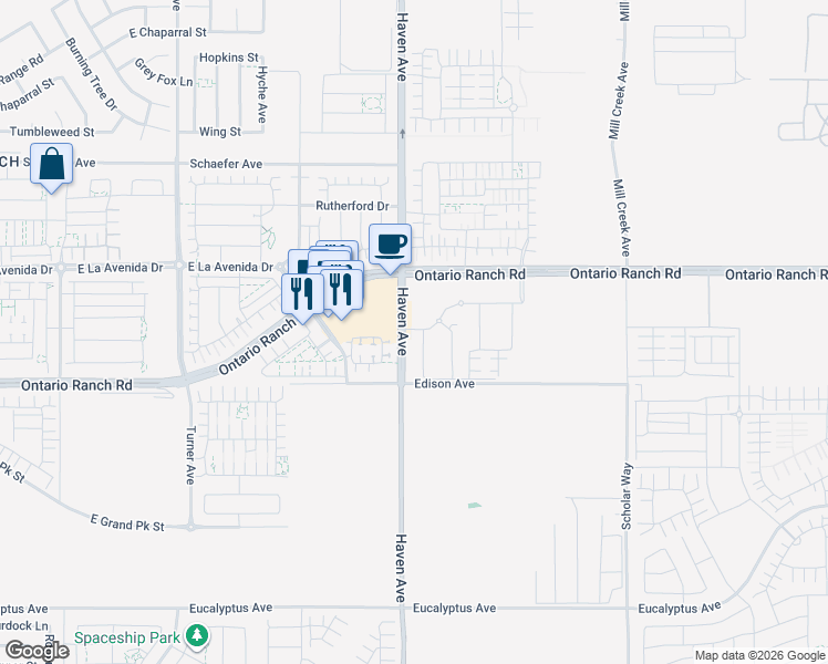 map of restaurants, bars, coffee shops, grocery stores, and more near 4125 South Blackstone Privado in Ontario
