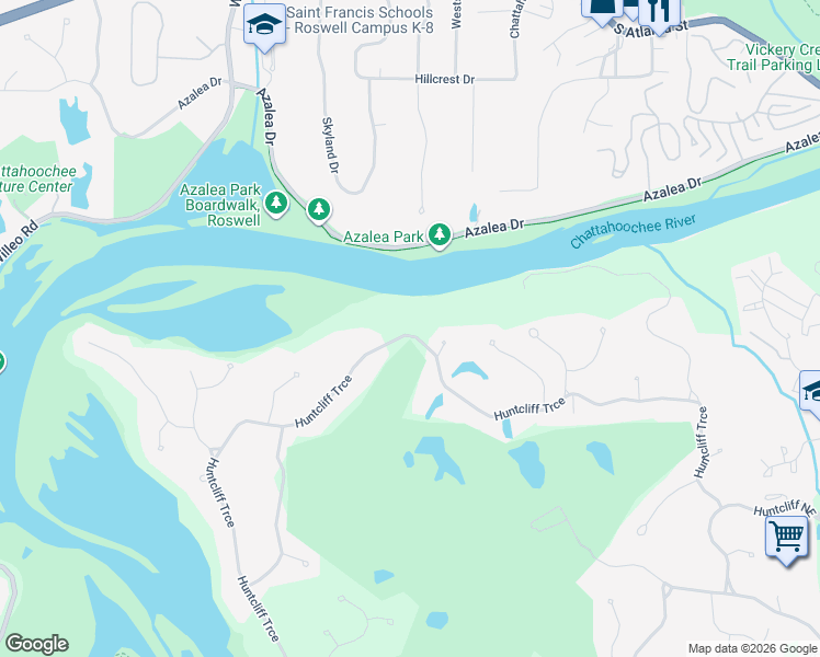 map of restaurants, bars, coffee shops, grocery stores, and more near 9135 Huntcliff Trace in Atlanta