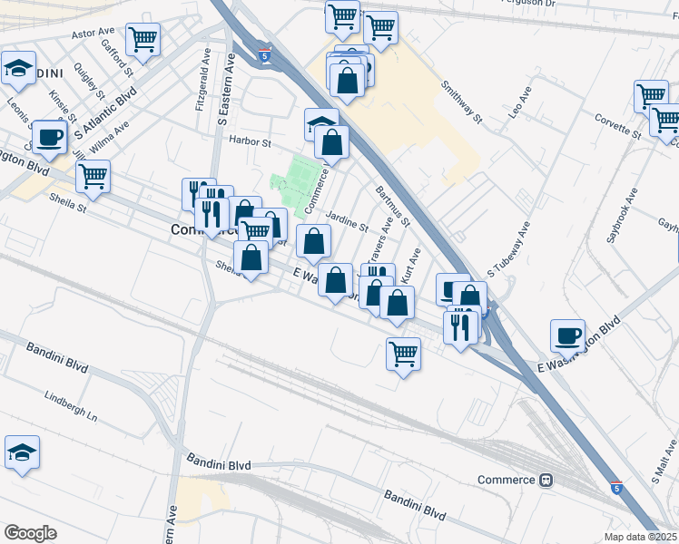 map of restaurants, bars, coffee shops, grocery stores, and more near 5768 Jillson Street in Commerce