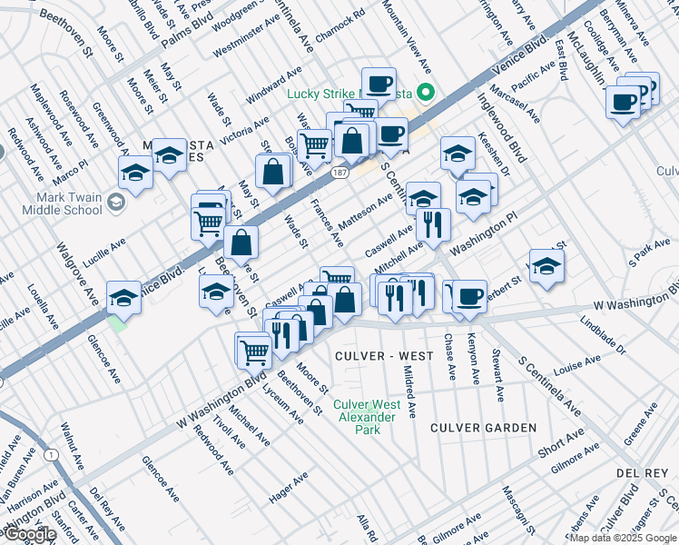 map of restaurants, bars, coffee shops, grocery stores, and more near 12620 Caswell Avenue in Los Angeles