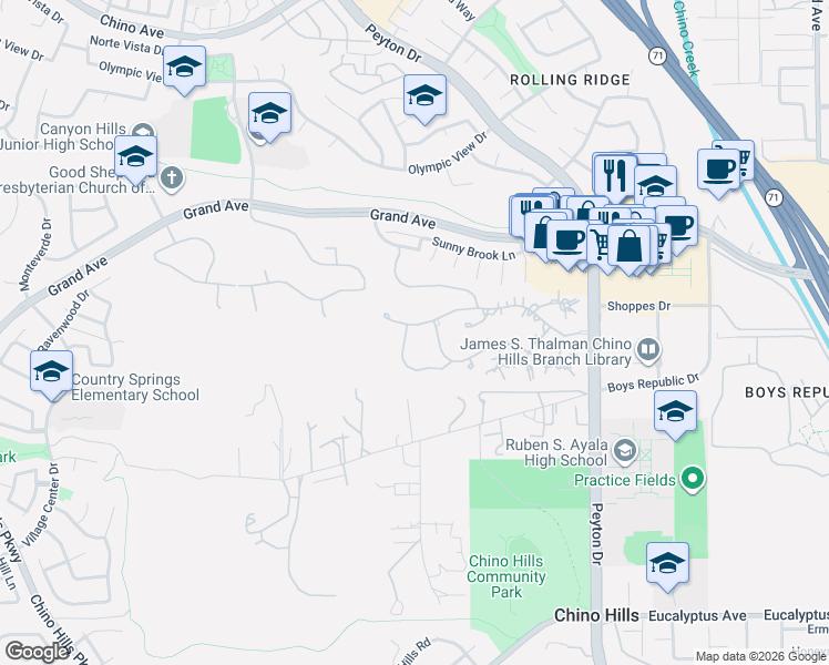 map of restaurants, bars, coffee shops, grocery stores, and more near 14011 Song Of The Winds in Chino Hills