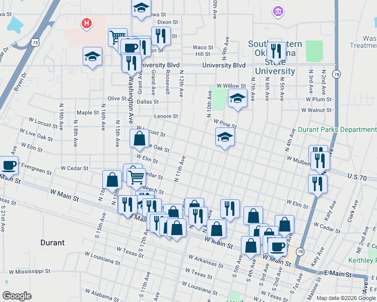 map of restaurants, bars, coffee shops, grocery stores, and more near 616 North 11th Avenue in Durant
