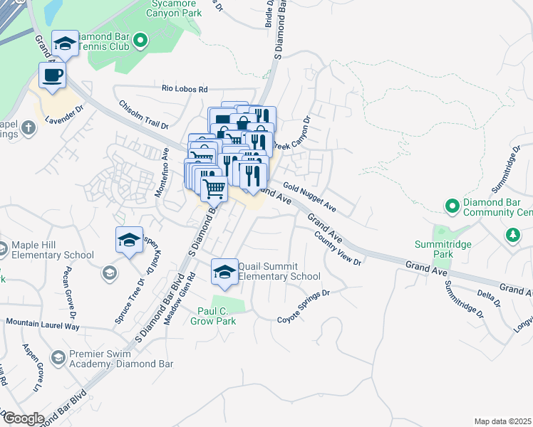 map of restaurants, bars, coffee shops, grocery stores, and more near 23502 Shadow Crest Place in Diamond Bar