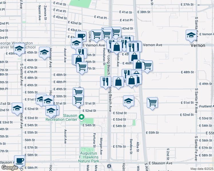 map of restaurants, bars, coffee shops, grocery stores, and more near 4867 Long Beach Avenue in Los Angeles