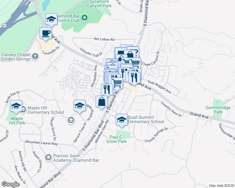 map of restaurants, bars, coffee shops, grocery stores, and more near 1302 South Diamond Bar Boulevard in Diamond Bar
