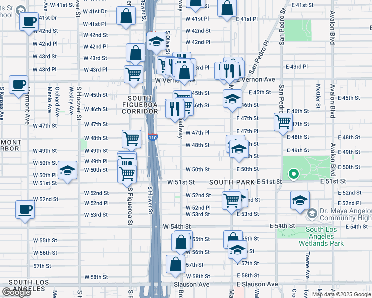 map of restaurants, bars, coffee shops, grocery stores, and more near 4800 South Broadway in Los Angeles