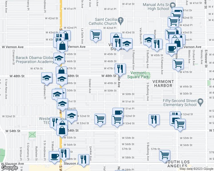 map of restaurants, bars, coffee shops, grocery stores, and more near 1452 West 49th Street in Los Angeles