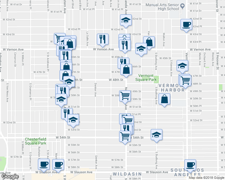 map of restaurants, bars, coffee shops, grocery stores, and more near 1452 West 49th Street in Los Angeles