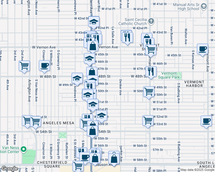 map of restaurants, bars, coffee shops, grocery stores, and more near 1592 West 49th Street in Los Angeles