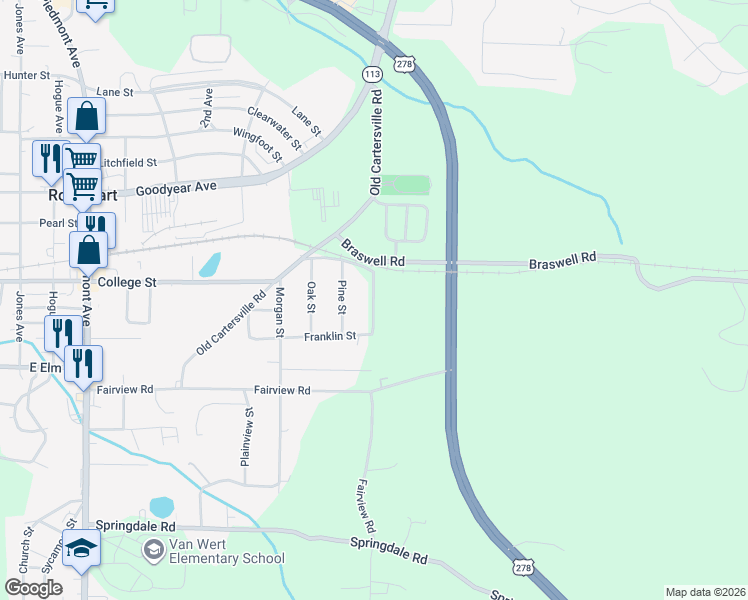 map of restaurants, bars, coffee shops, grocery stores, and more near 408 Franklin Street in Rockmart