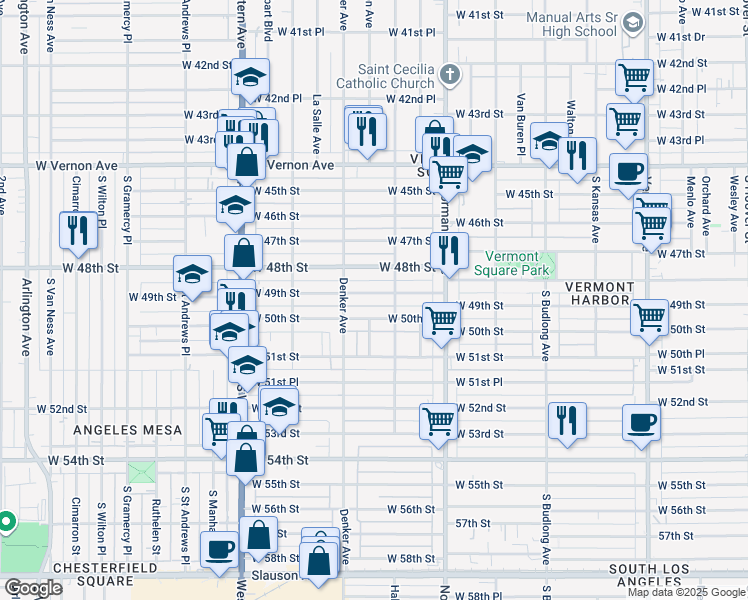 map of restaurants, bars, coffee shops, grocery stores, and more near 1488 West 49th Street in Los Angeles