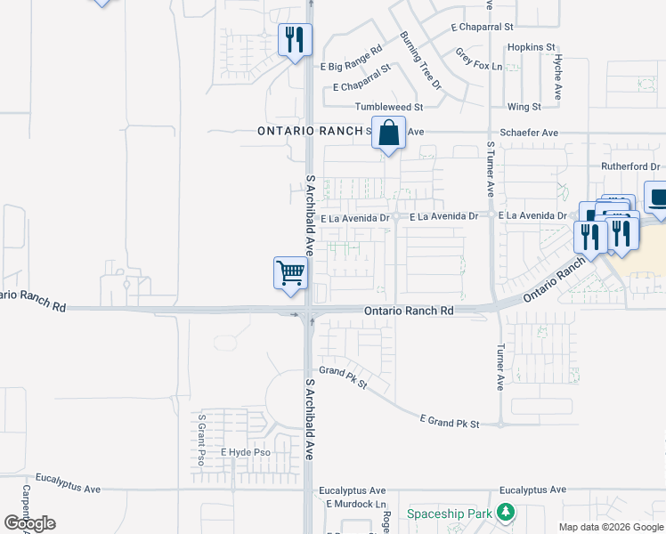 map of restaurants, bars, coffee shops, grocery stores, and more near 4100 South Bodega Way in Ontario