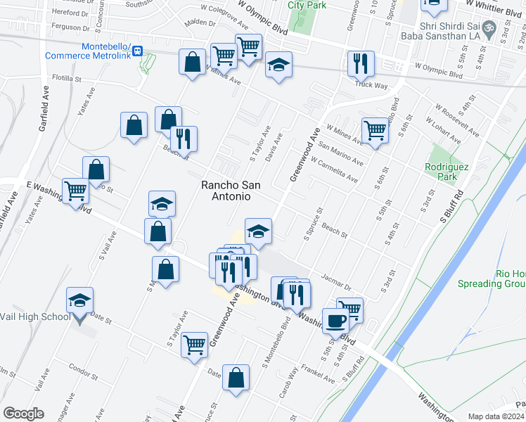 map of restaurants, bars, coffee shops, grocery stores, and more near 809 South Greenwood Avenue in Montebello