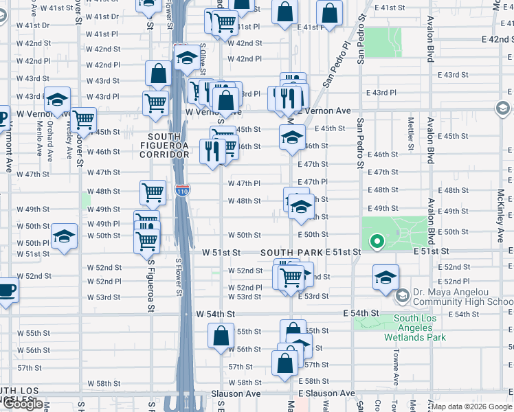 map of restaurants, bars, coffee shops, grocery stores, and more near 208 West 48th Street in Los Angeles