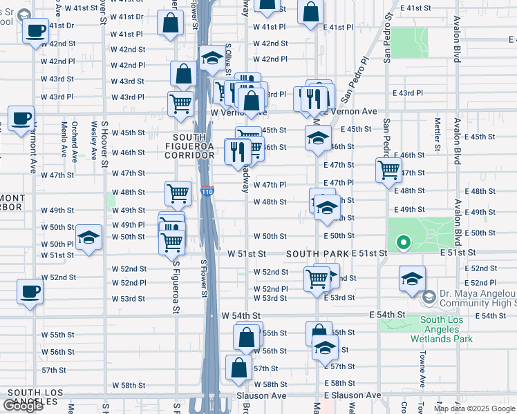 map of restaurants, bars, coffee shops, grocery stores, and more near 4800 South Broadway in Los Angeles