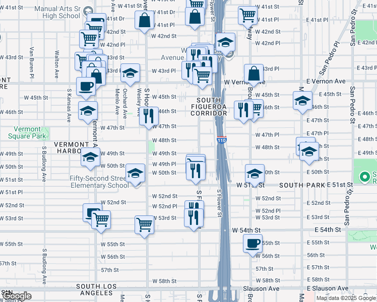 map of restaurants, bars, coffee shops, grocery stores, and more near 535 West 49th Street in Los Angeles