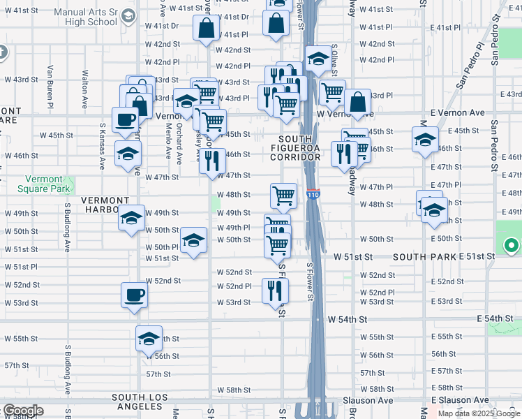 map of restaurants, bars, coffee shops, grocery stores, and more near 535 West 49th Street in Los Angeles