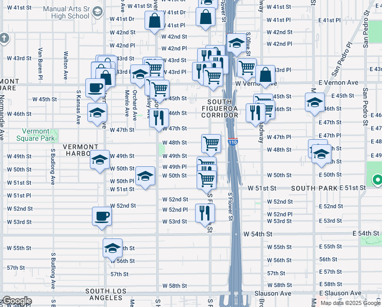 map of restaurants, bars, coffee shops, grocery stores, and more near 535 West 49th Street in Los Angeles